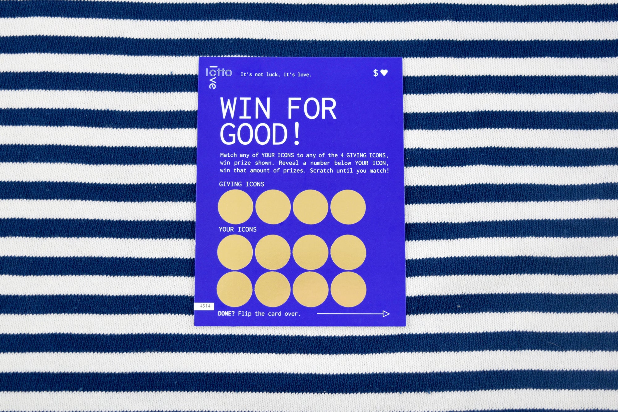 Blue LottoLove Card on stripe background  | LottoLove Charitable Gifts